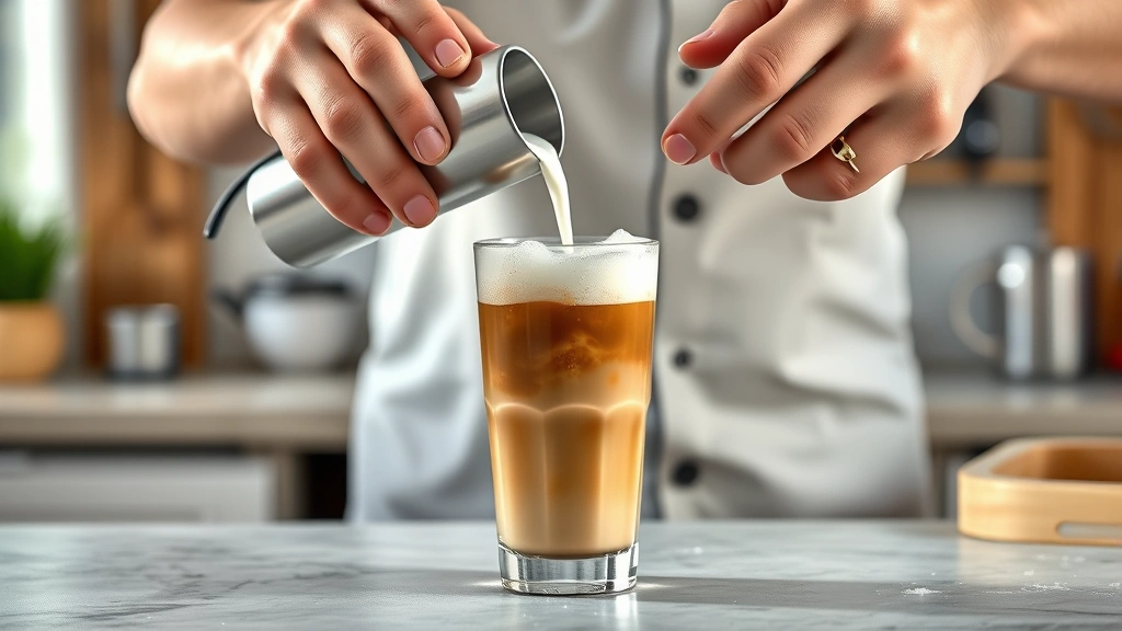 cold foam recipe -
photorealistic hands holding electric milk frother pouring cold foam into glass