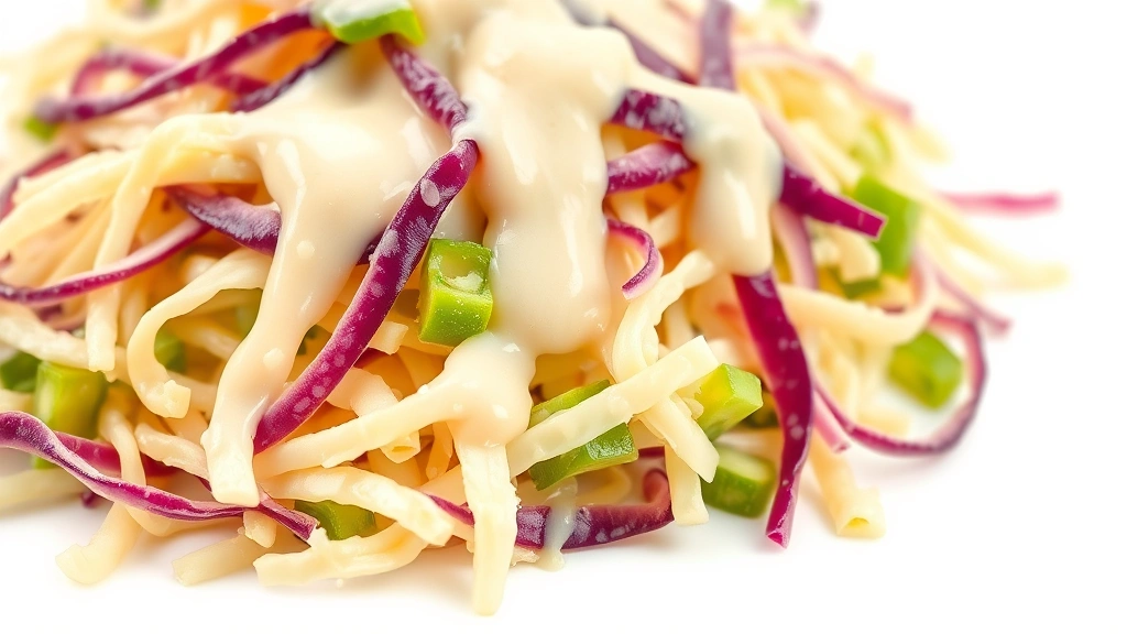 coleslaw recipe easy -
Photorealistic close-up macro photography of creamy coleslaw dressing clinging 