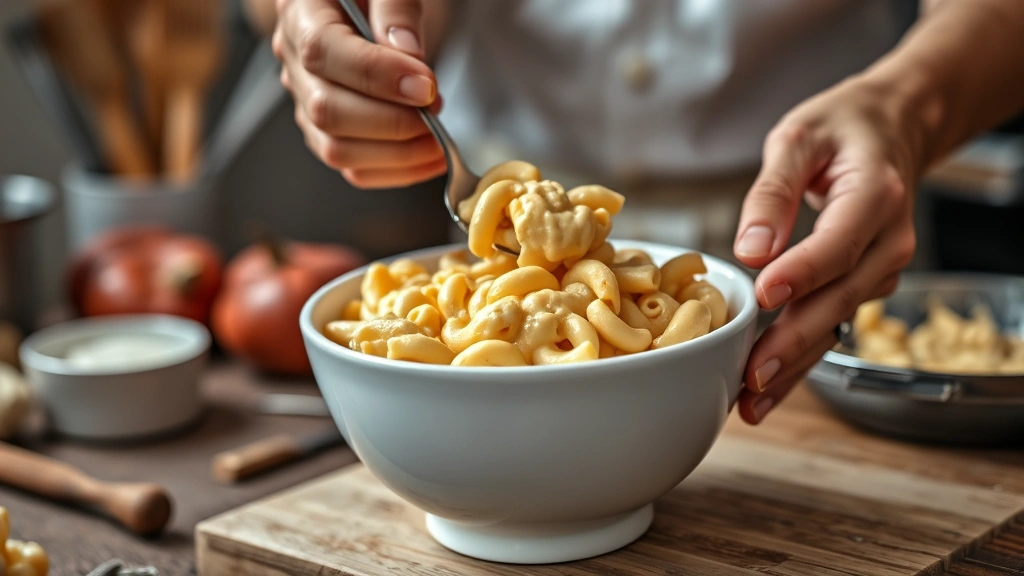 comfort food recipes -
Photorealistic hands carefully spooning creamy mac and cheese into a white cera