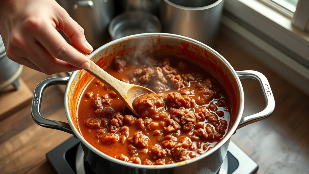 coney sauce recipe -
Photorealistic hands actively stirring a pot of simmering coney sauce with a wo