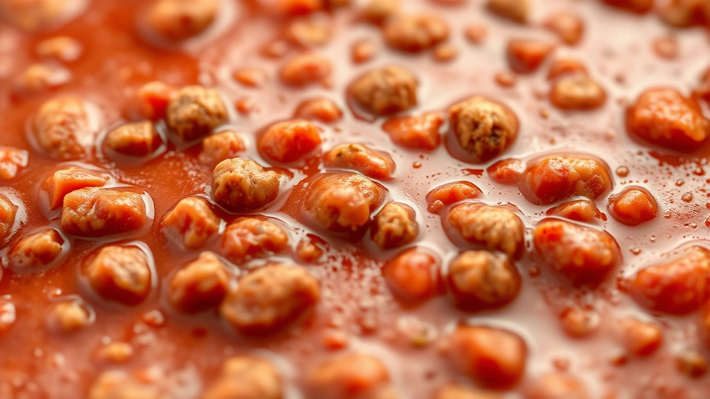 coney sauce recipe -
Photorealistic close-up macro shot of the finished coney sauce texture showing 