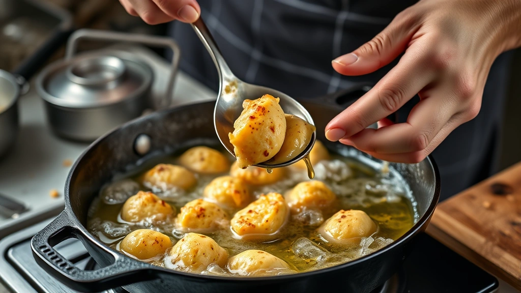 corn nuggets recipe -
Photorealistic hands using a slotted spoon to carefully place seasoned cornmeal