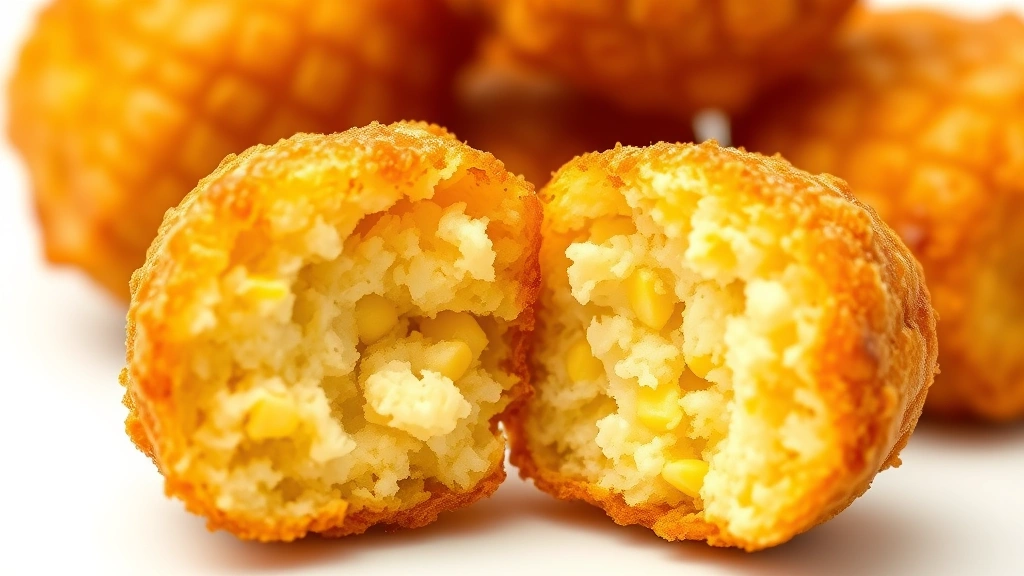 corn nuggets recipe -
Photorealistic close-up macro photography of a freshly fried corn nugget cut in