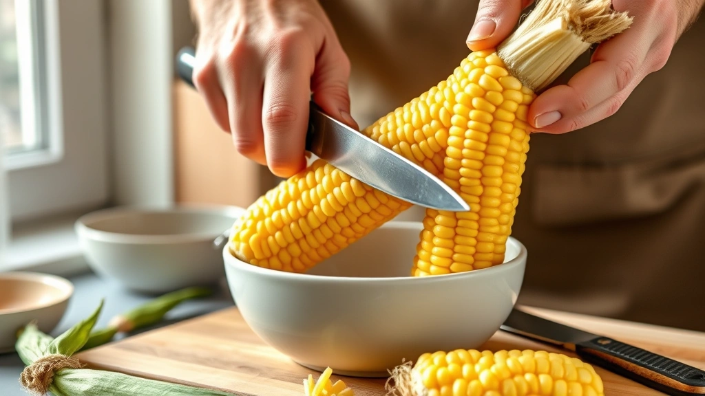 corn salsa recipe -
Photorealistic hands using a sharp knife to slice fresh corn kernels off the co