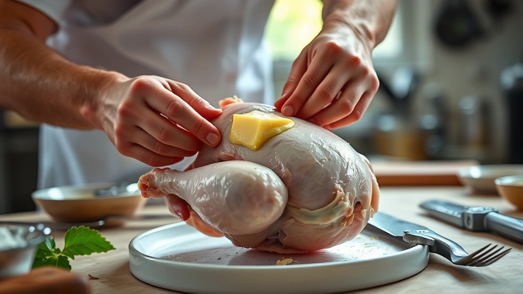 cornish game hen recipe -
Hands separating the skin from a raw Cornish game hen breast to insert garlic b