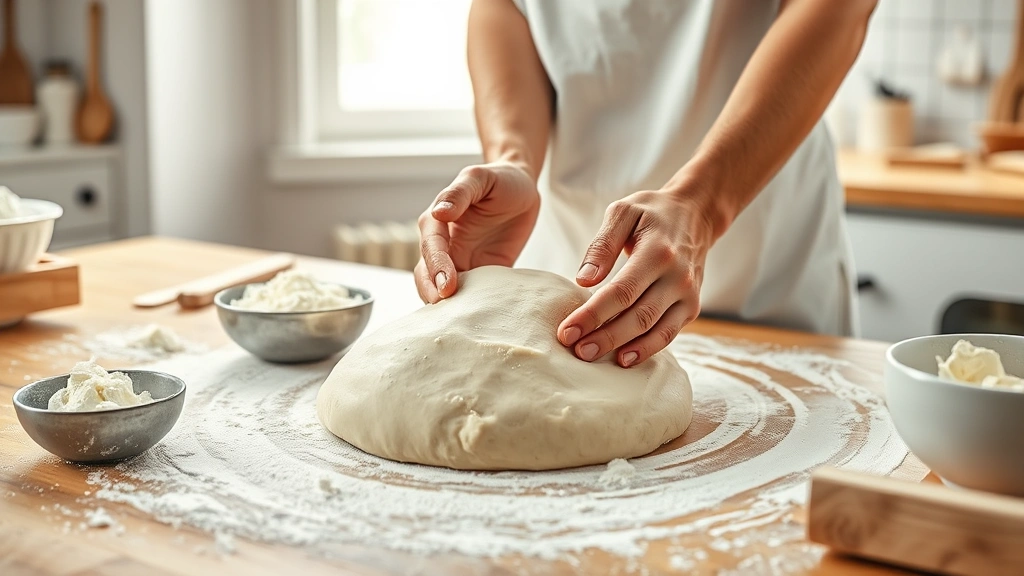 cottage cheese bread recipe -
Photorealistic hands kneading smooth dough on floured surface in bright worksho