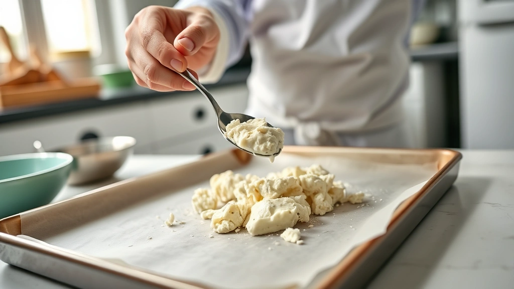 cottage cheese chips recipe -
Photorealistic close-up of hands using a small spoon to portion cottage cheese 