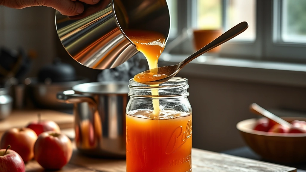 crab apple recipes -
Photorealistic close-up of hands pouring hot crab apple jelly from a stainless 