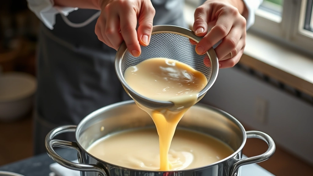 crab bisque recipe -
photorealistic hands carefully straining bisque through fine mesh sieve into po