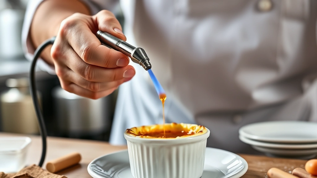 crab brulee recipe -
photorealistic hands holding kitchen torch caramelizing sugar on top of crab br