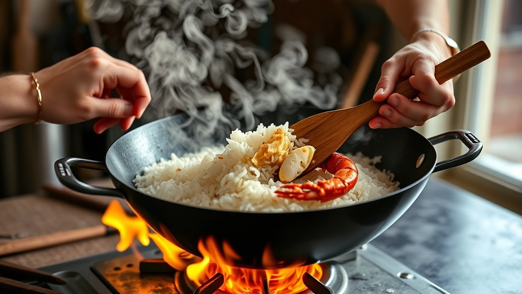 crab fried rice recipe -
Photorealistic hands using wooden spatula to toss rice in a hot wok over flame,