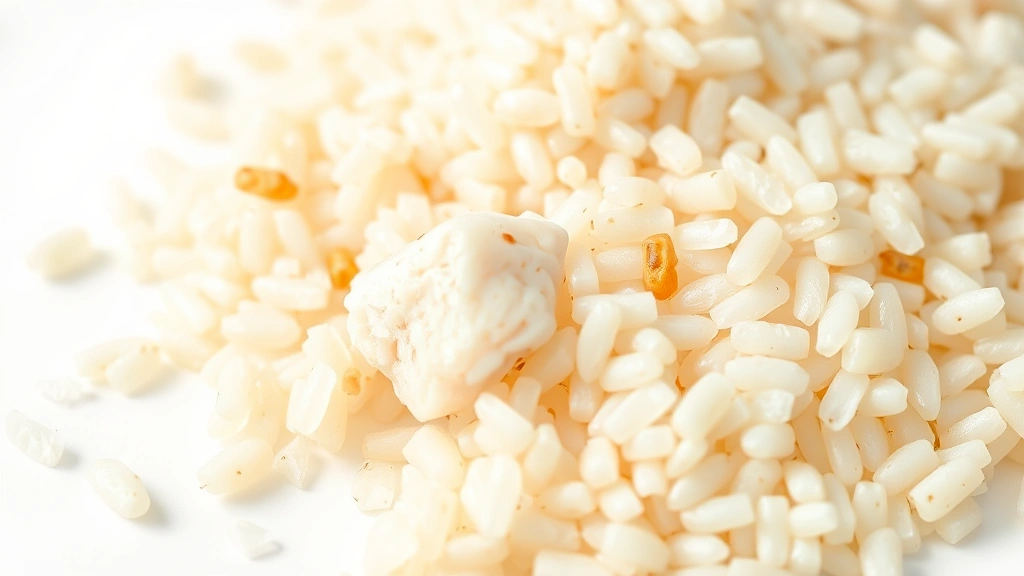 crab fried rice recipe -
Photorealistic close-up macro photography of lump crab meat and rice grains sep