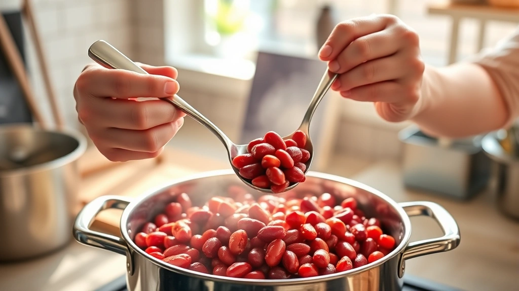 cranberry beans recipe -
photorealistic hands holding a spoon tasting cooked cranberry beans from a pot,