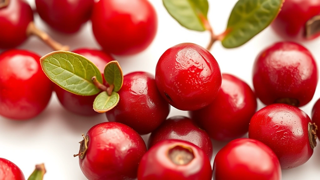 cranberry juice recipe -
Photorealistic close-up macro photography of fresh whole cranberries, deep red