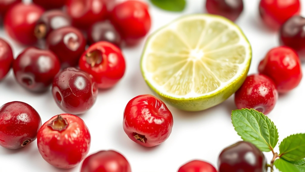 cranberry margarita recipe -
photorealistic close-up macro of fresh cranberries and lime wedge on clean whit
