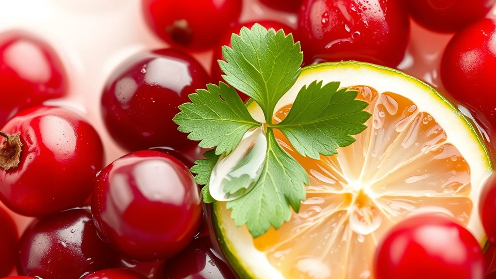 cranberry salsa recipe -
photorealistic close-up macro photography of fresh cranberries and lime juice m
