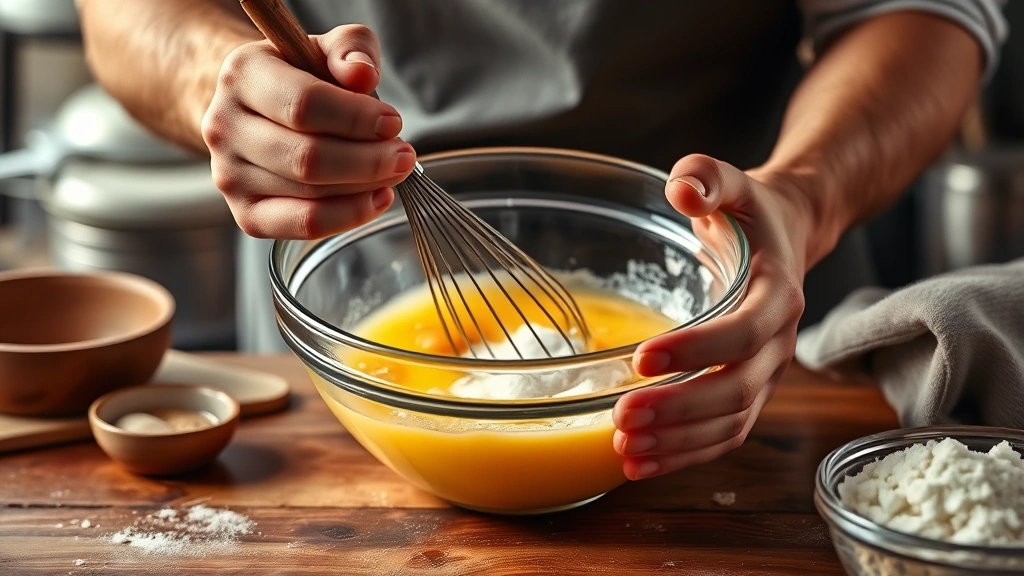 creme anglaise recipe -
Photorealistic hands whisking egg yolks and sugar in glass bowl, workshop kitch