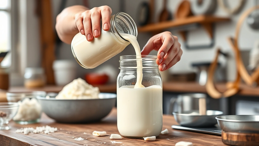 creme fraiche recipe -
Photorealistic hands working in a workshop kitchen setting, pouring buttermilk 