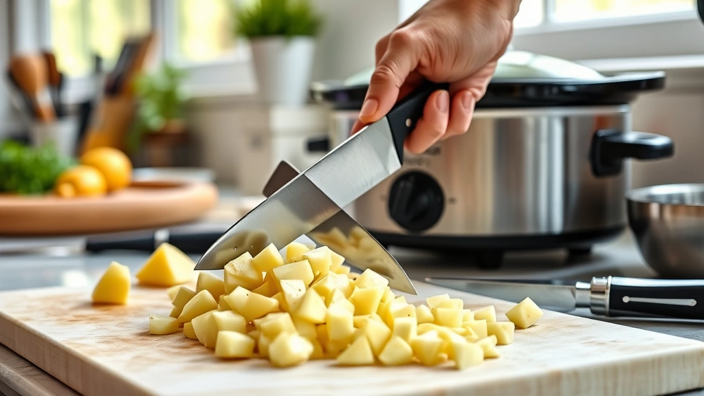 crockpot potato recipes -
photorealistic hands using a sharp knife to dice potatoes over a cutting board 