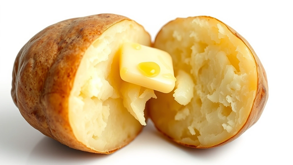 crockpot potato recipes -
photorealistic close-up macro shot of a perfectly cooked russet potato cut in h