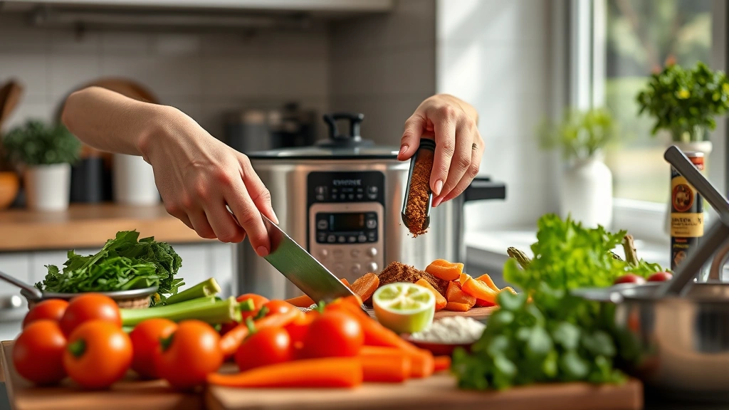crockpot recipes -
Photorealistic hands preparing ingredients for slow cooker meal, chopping fresh