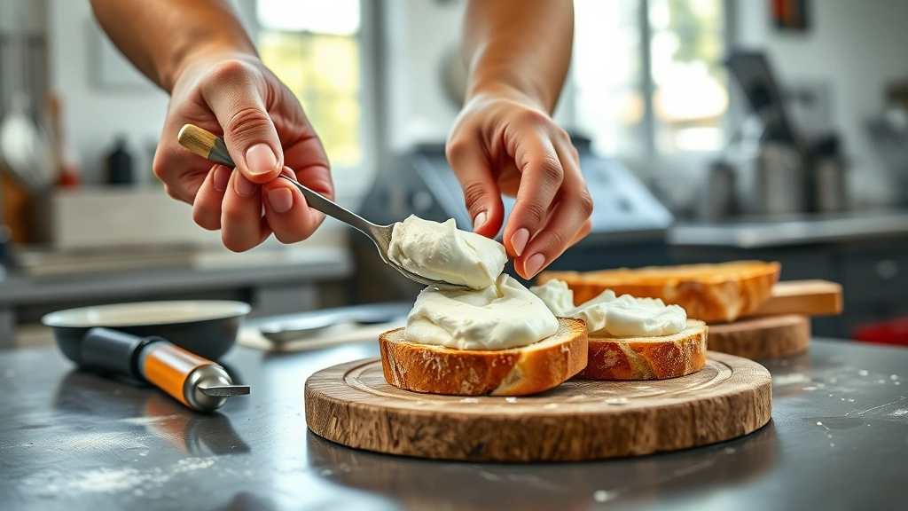 crostini recipe -
Photorealistic hands working spreading creamy ricotta onto a toasted baguette s