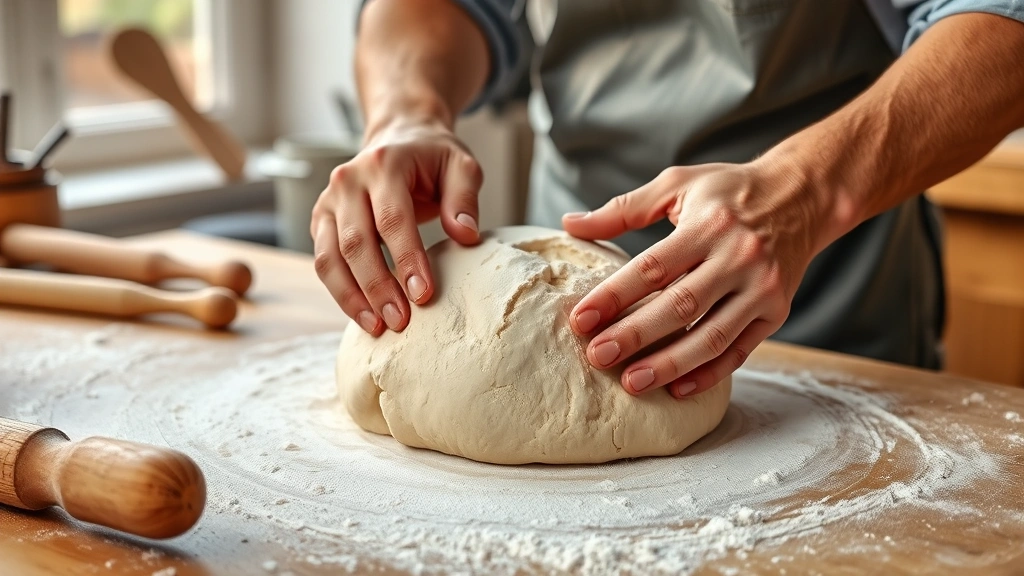 crusty italian bread recipe -
Photorealistic hands shaping Italian bread dough on floured work surface, showi