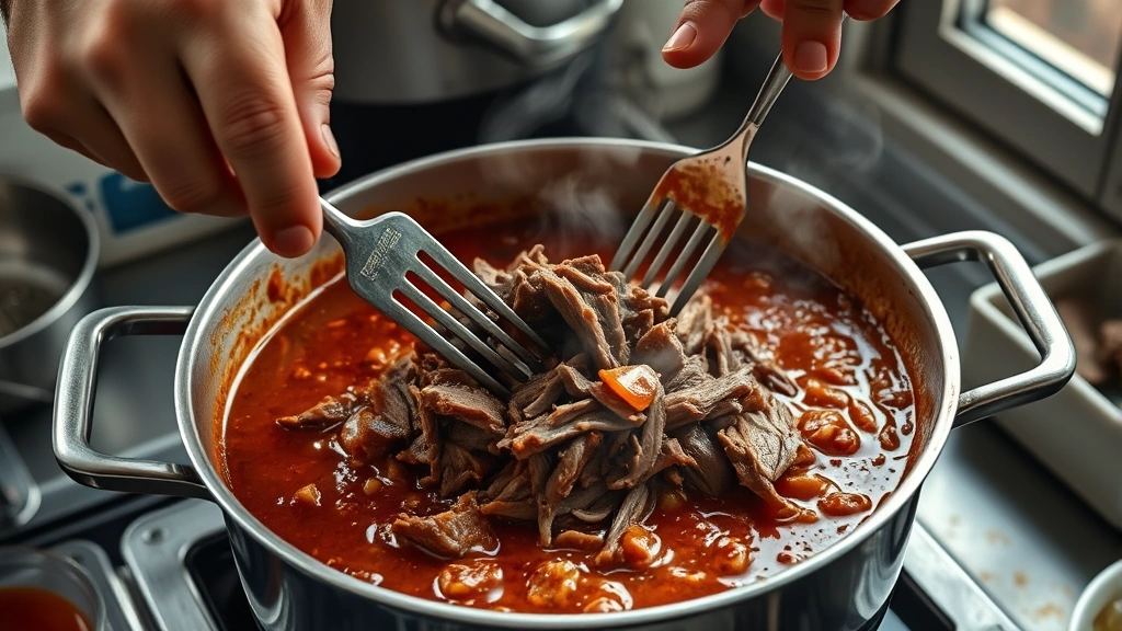 cuban recipes -
Photorealistic hands-on shot showing someone shredding tender beef with two for