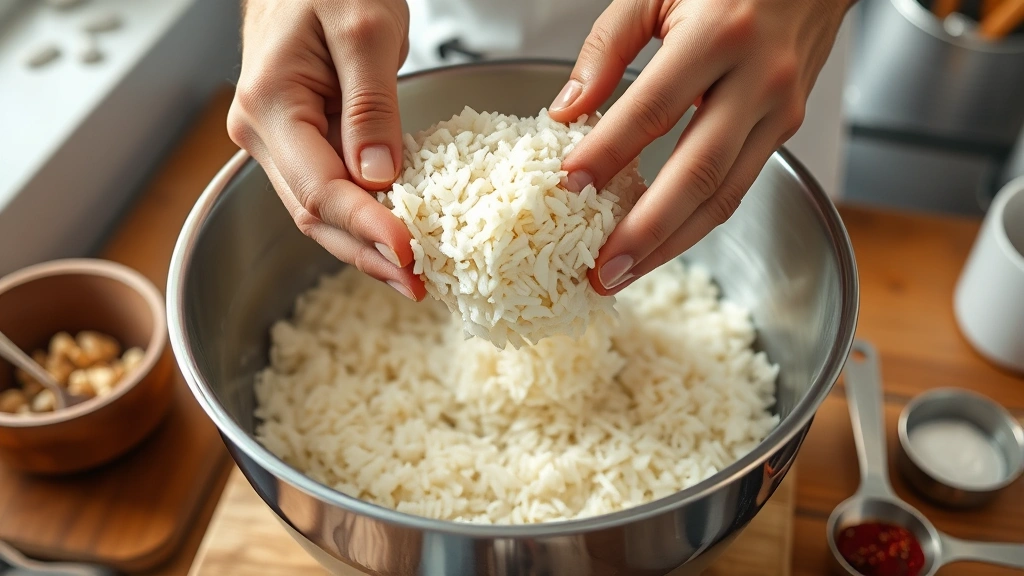 curd rice recipe -
Photorealistic hands folding cooked rice into yogurt mixture in large stainless