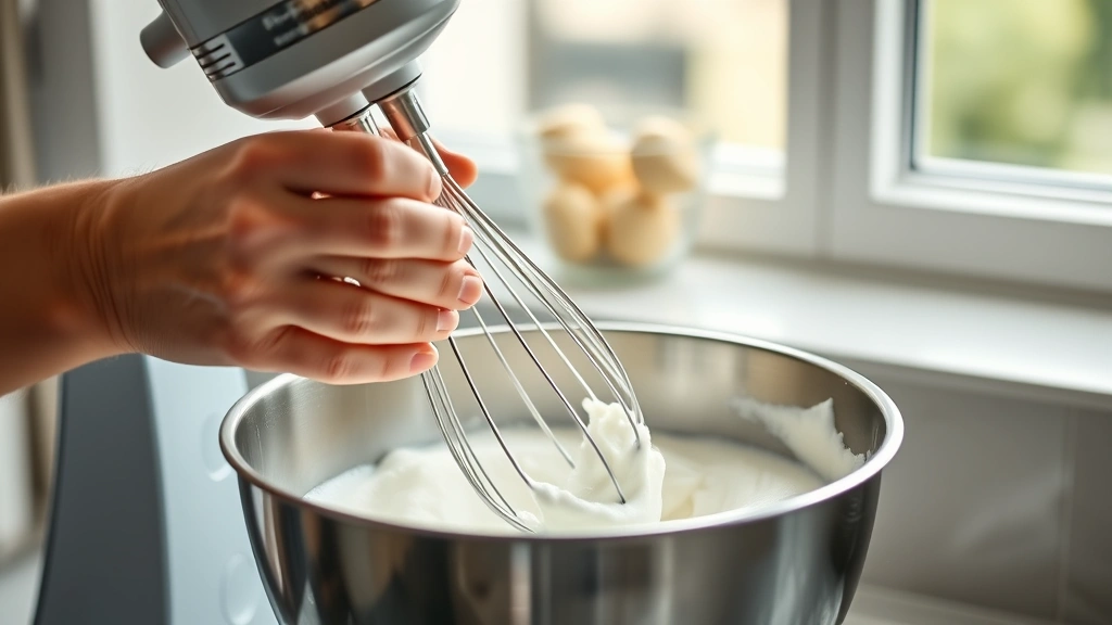 dairy free recipes -
Photorealistic close-up of hands whisking aquafaba in a stainless steel bowl wi