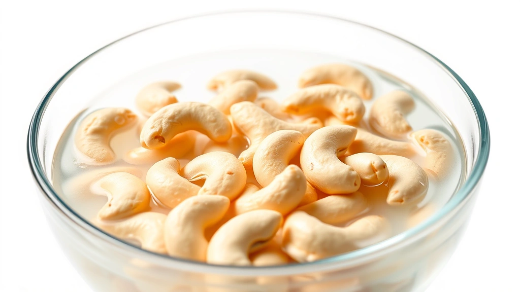 dairy free recipes -
Photorealistic macro shot of raw cashews soaking in clear hot water in a glass 
