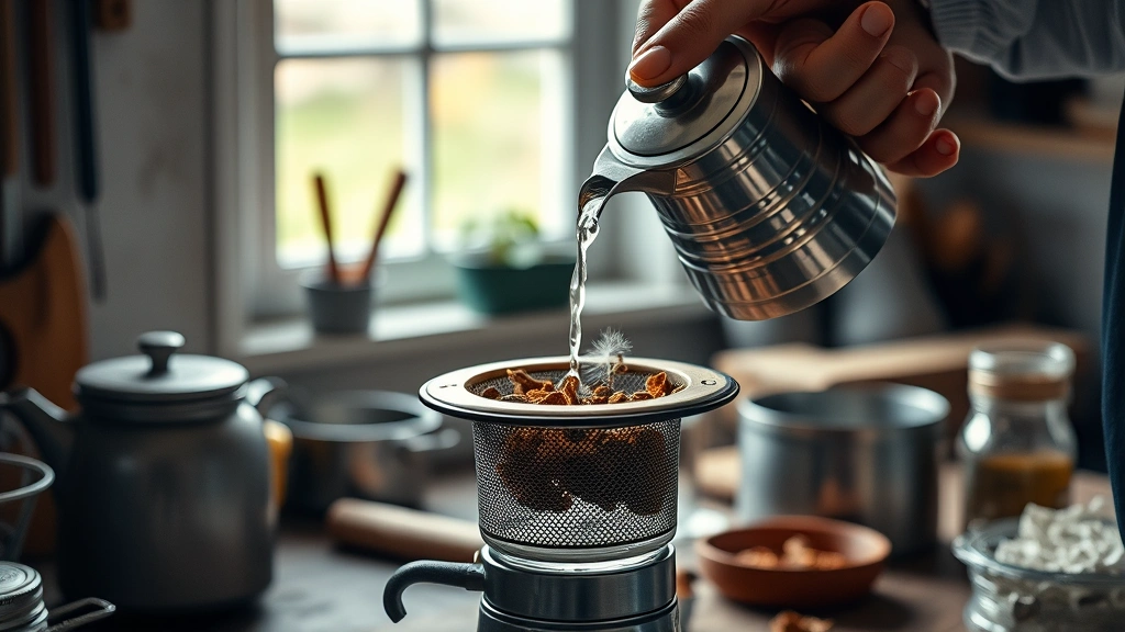 dandelion tea recipe -
photorealistic hands working showing someone pouring hot water from a kettle in
