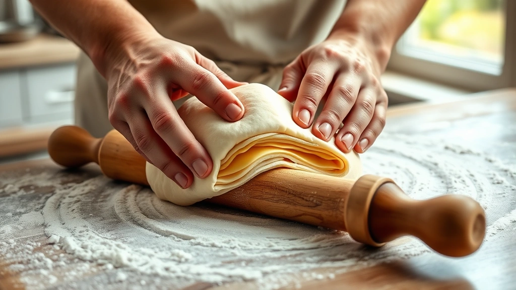 danish recipe -
Photorealistic hands folding laminated dough on floured work surface, wooden ro