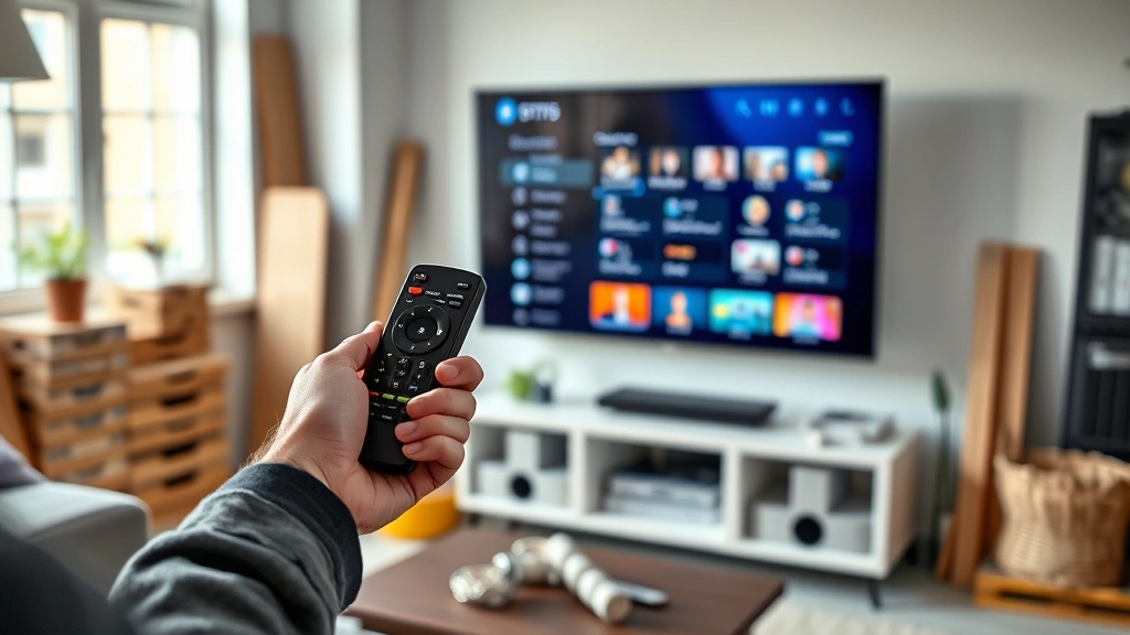 debate tonight how to watch -
photorealistic hands holding remote control pointing at smart TV, person adjust