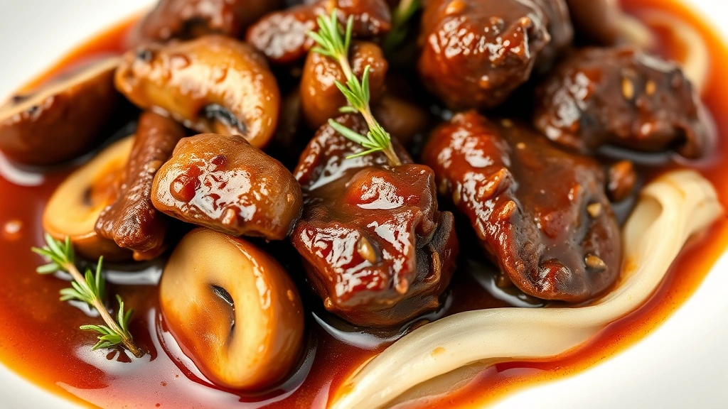 deer meat recipes -
photorealistic close-up macro photography of braised venison chunks in rich red