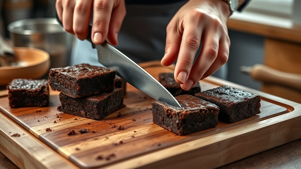 dessert bar recipes -
Photorealistic hands carefully cutting fudgy brownies with a sharp knife dipped