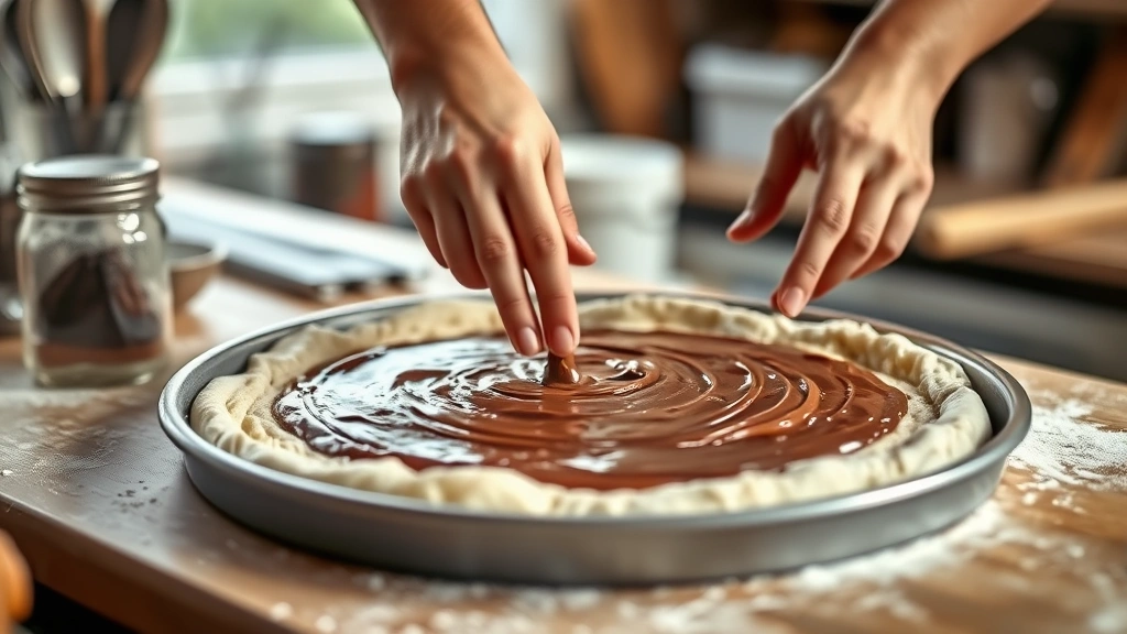 dessert pizza recipe -
Photorealistic hands spreading Nutella base layer on stretched pizza dough in a