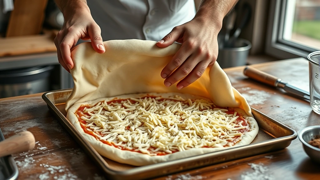 detroit style pizza recipe -
Photorealistic hands stretching cold pizza dough over oiled sheet pan with shre