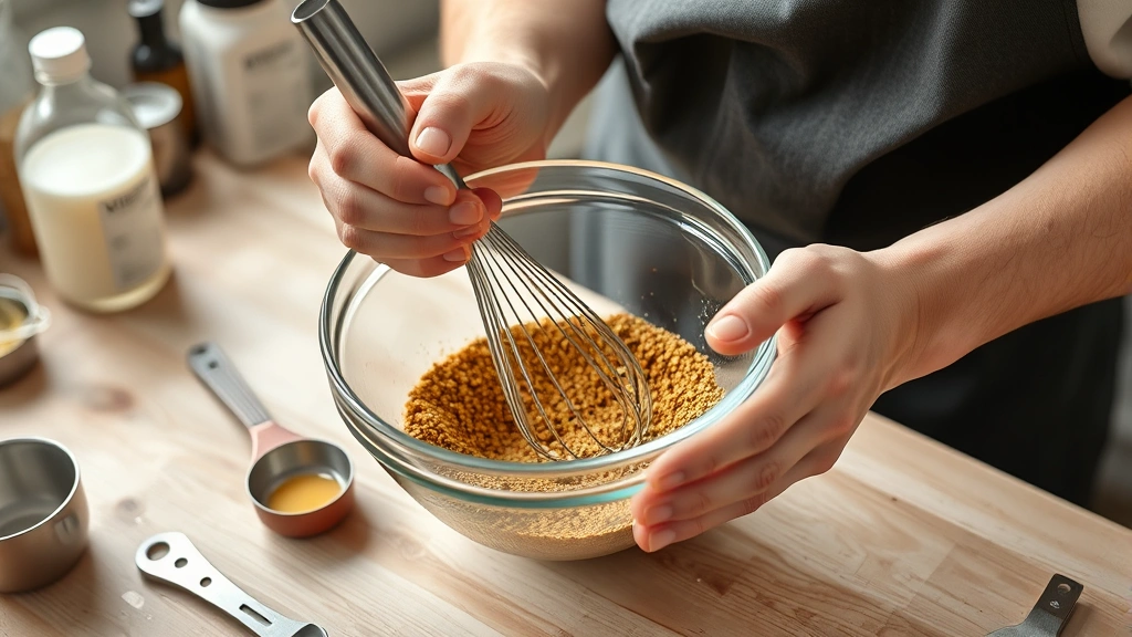dijon mustard recipe -
photorealistic hands whisking mustard seeds in a glass bowl, workspace with mea