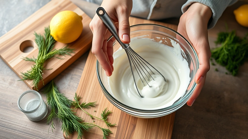 dill sauce recipe -
Photorealistic hands whisking sour cream in glass bowl with fresh dill sprigs n