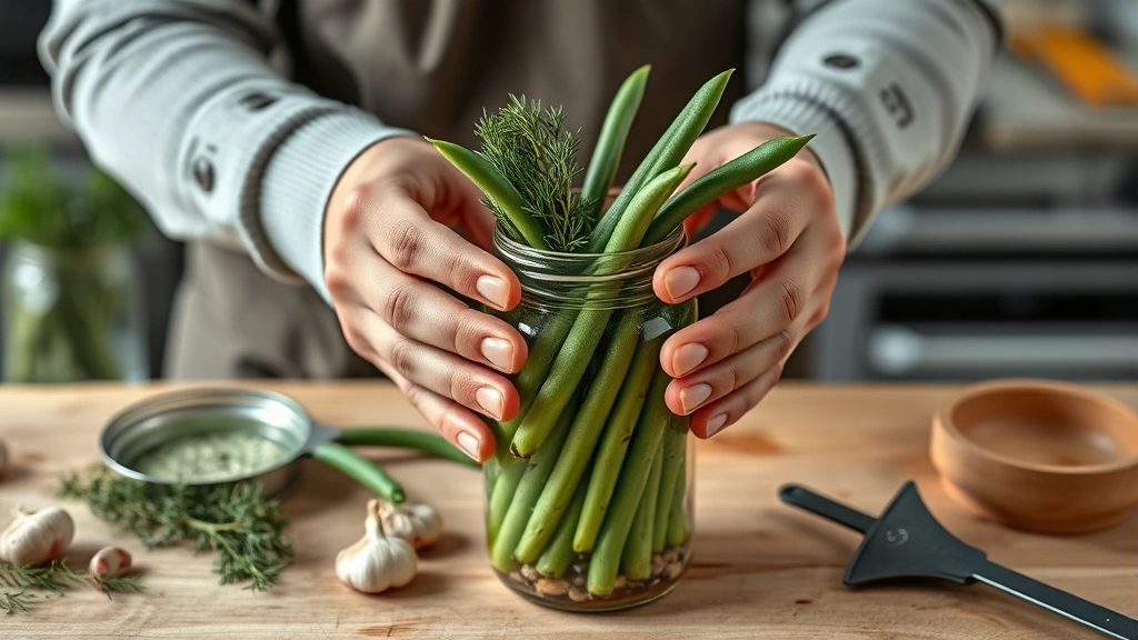 dilly beans recipe -
photorealistic hands working packing fresh green beans into a clear mason jar w