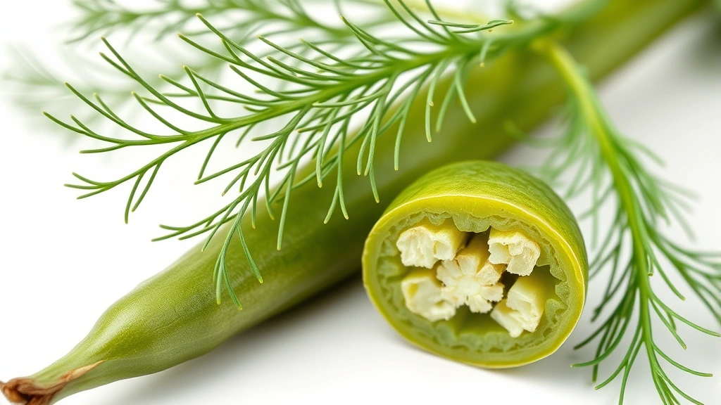 dilly beans recipe -
photorealistic close-up macro photography of fresh dill frond and green bean cr