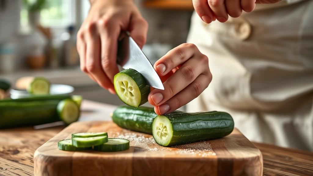 din tai fung cucumber recipe -
Photorealistic close-up of hands using the flat side of a chef’s knife to