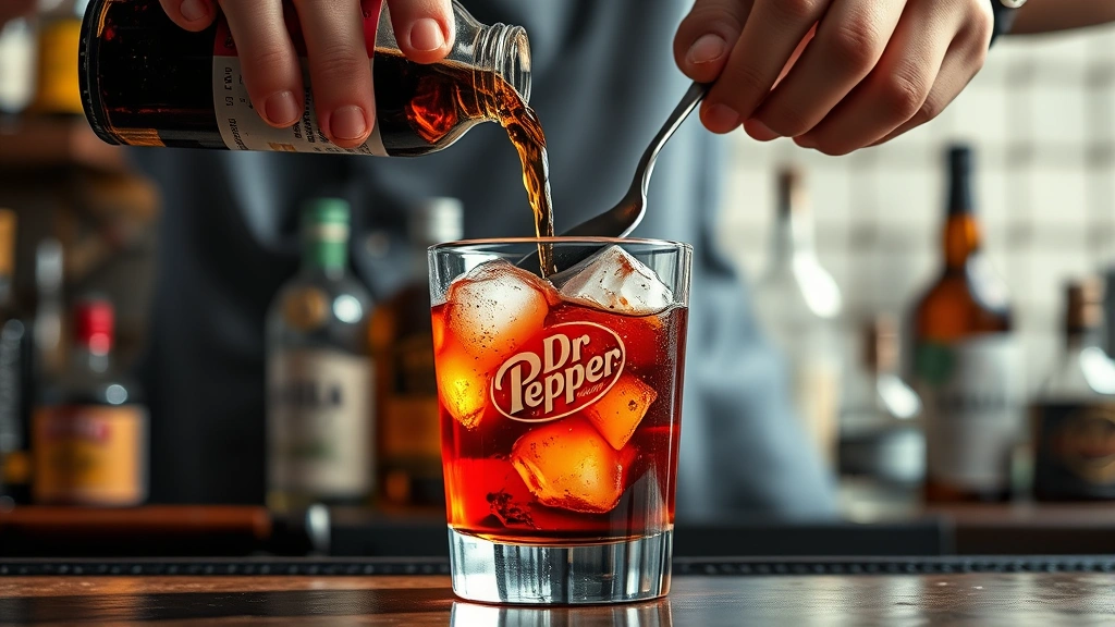 dirty dr pepper recipe -
Photorealistic hands pouring Dr Pepper soda into a rocks glass with bourbon and