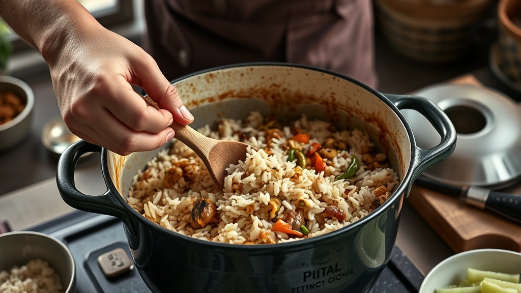 dirty rice recipes -
Photorealistic hands stirring dirty rice in a large Dutch oven pot, sautéed veg