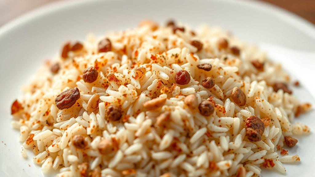dirty rice recipes -
Photorealistic close-up macro shot of dirty rice grains coated with spices and 