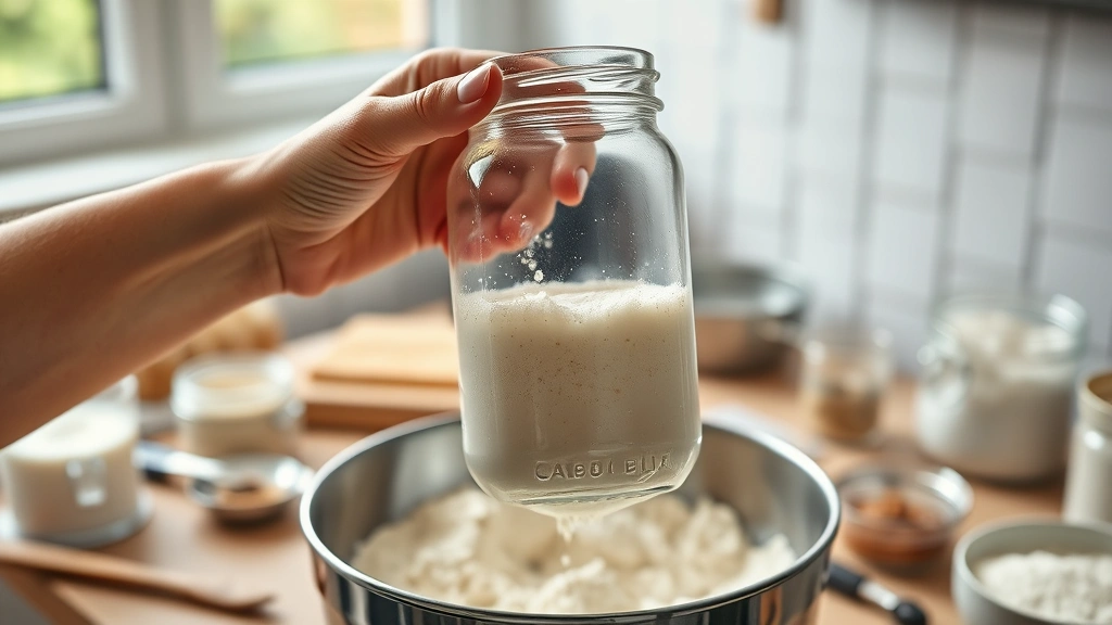 discard sourdough recipes -
Photorealistic hands holding a glass jar with active sourdough discard showing 