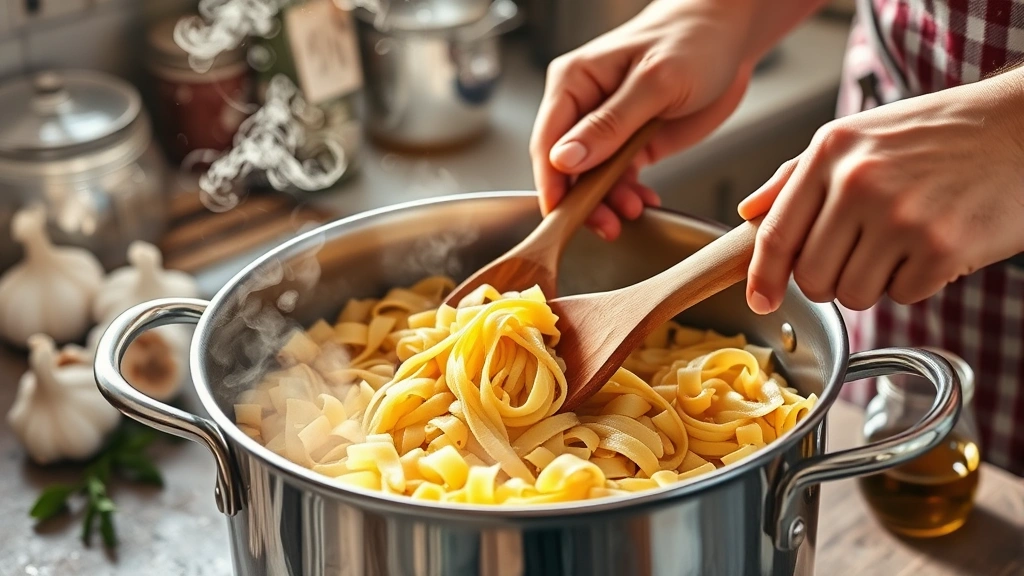 ditalini recipes -
photorealistic hands stirring ditalini pasta in large stainless steel pot with