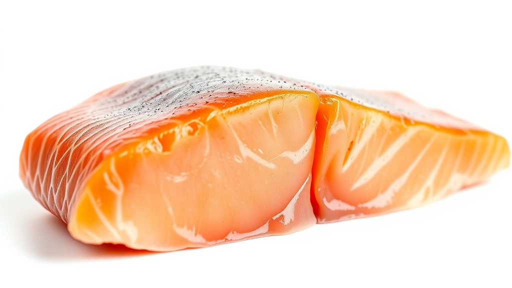 dog food recipes -
Photorealistic close-up macro shot of fresh salmon fillet with visible omega-3