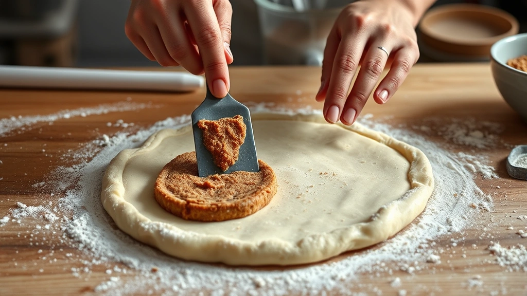 dollywood cinnamon bread recipe -
Photorealistic hands spreading cinnamon-brown sugar filling across rolled dough